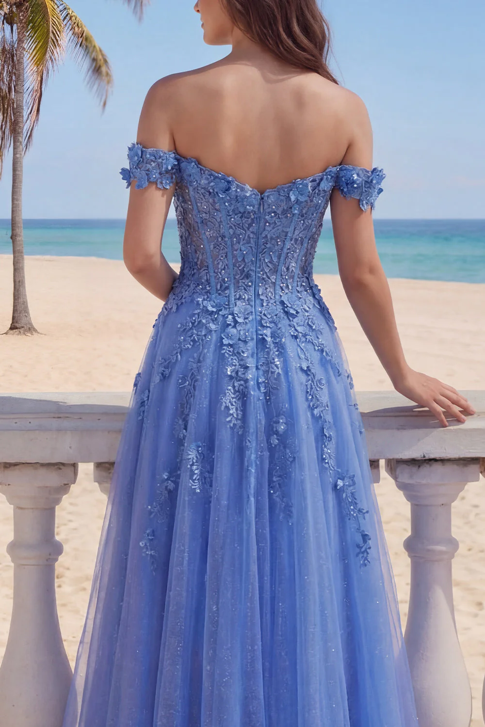 Corset A-ligne dénudé bleu foncé robe de bal longue avec des appliqués - Image 4