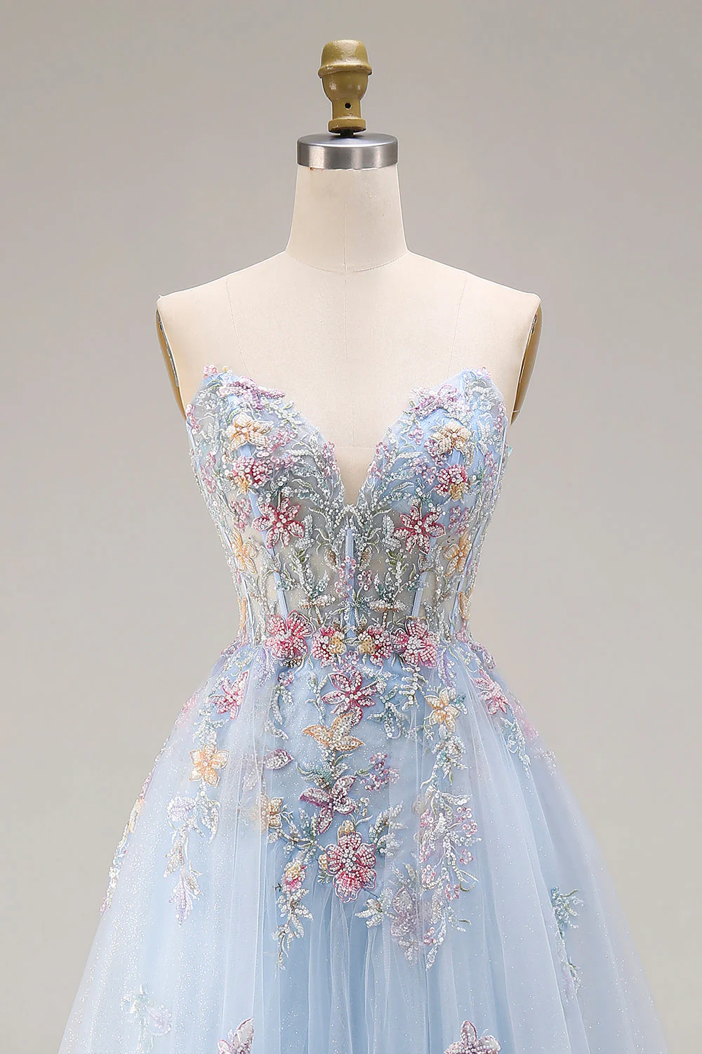 Corset A-Line Bleu ciel Sweetheart robe longue de bal avec perles - Image 4