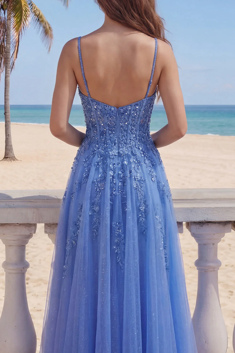 Corset A-Line bleu foncé, longue robe de bal appliquée perlée et fendue - Image 4