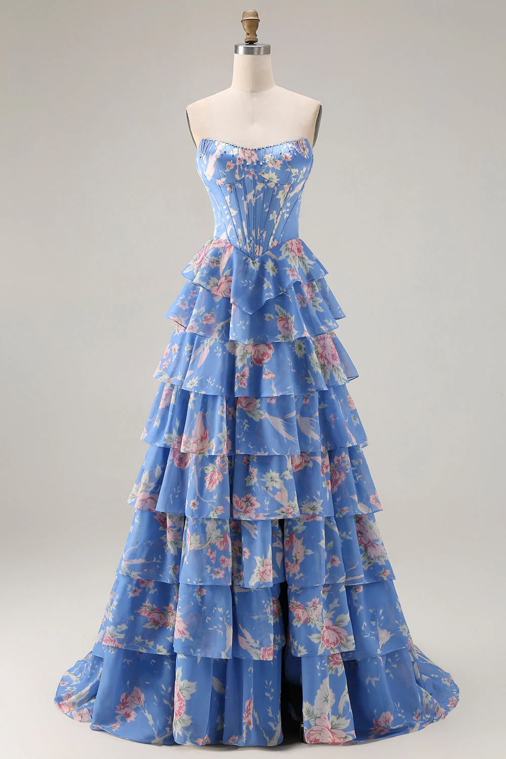 Corset A-line bretelles bleu foncé, corsage fleuri à fleurs et jupe à volants en mousseline