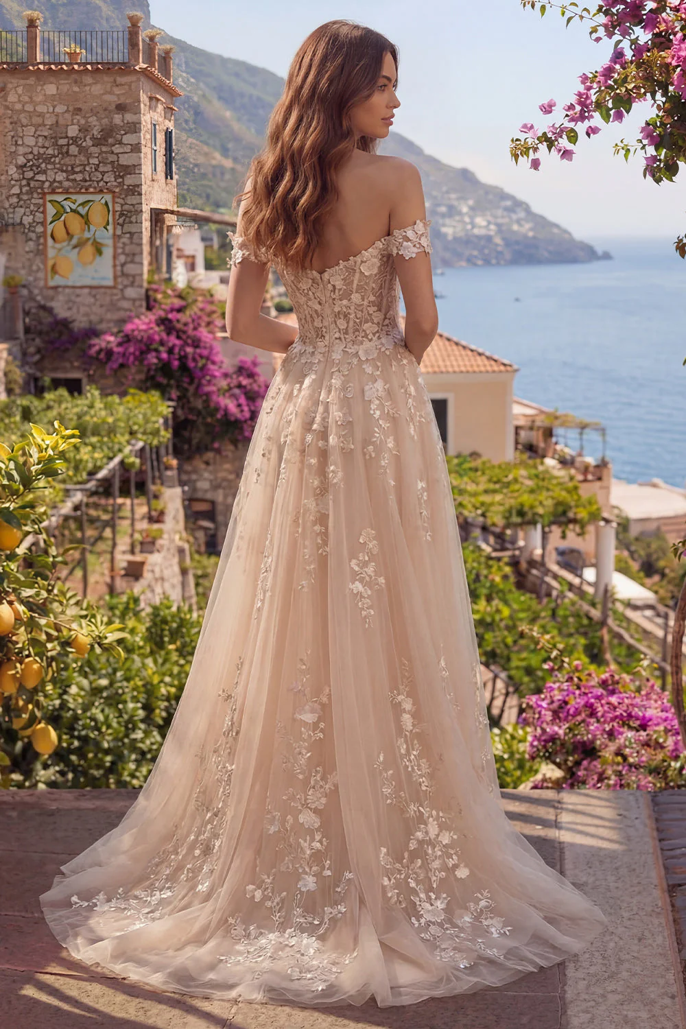 Corset A-Line Champagne dénudé sur les épaules Robe longue de bal avec des appliques - Image 2