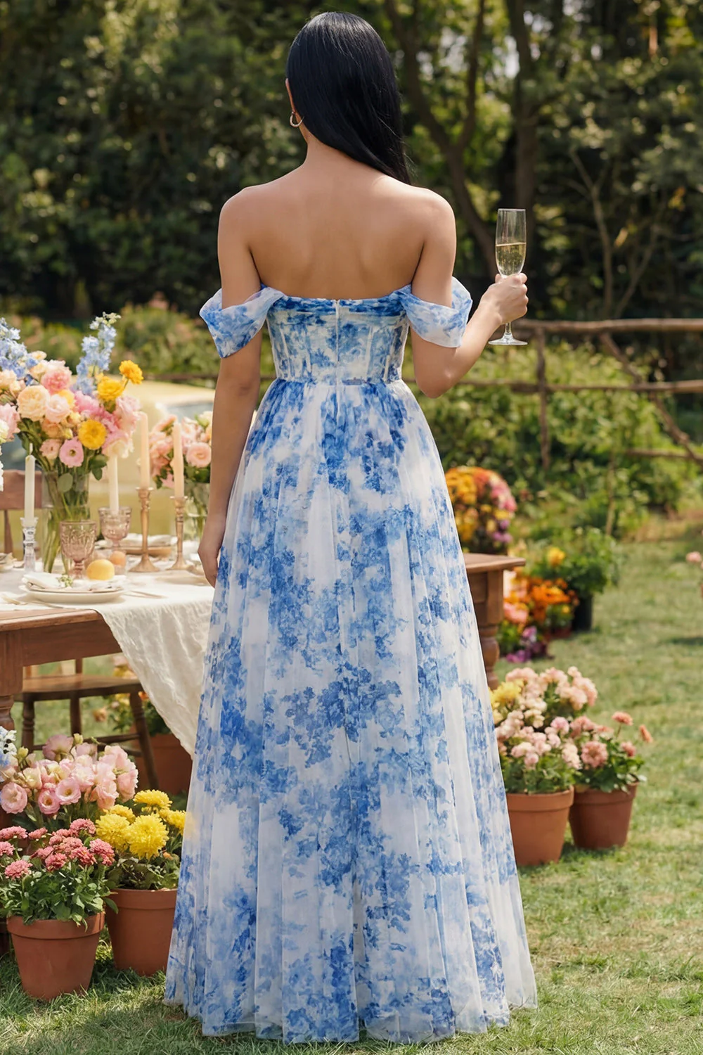 Corset A-Line dénudé robe longue en tulle fleuri bleu - Image 2
