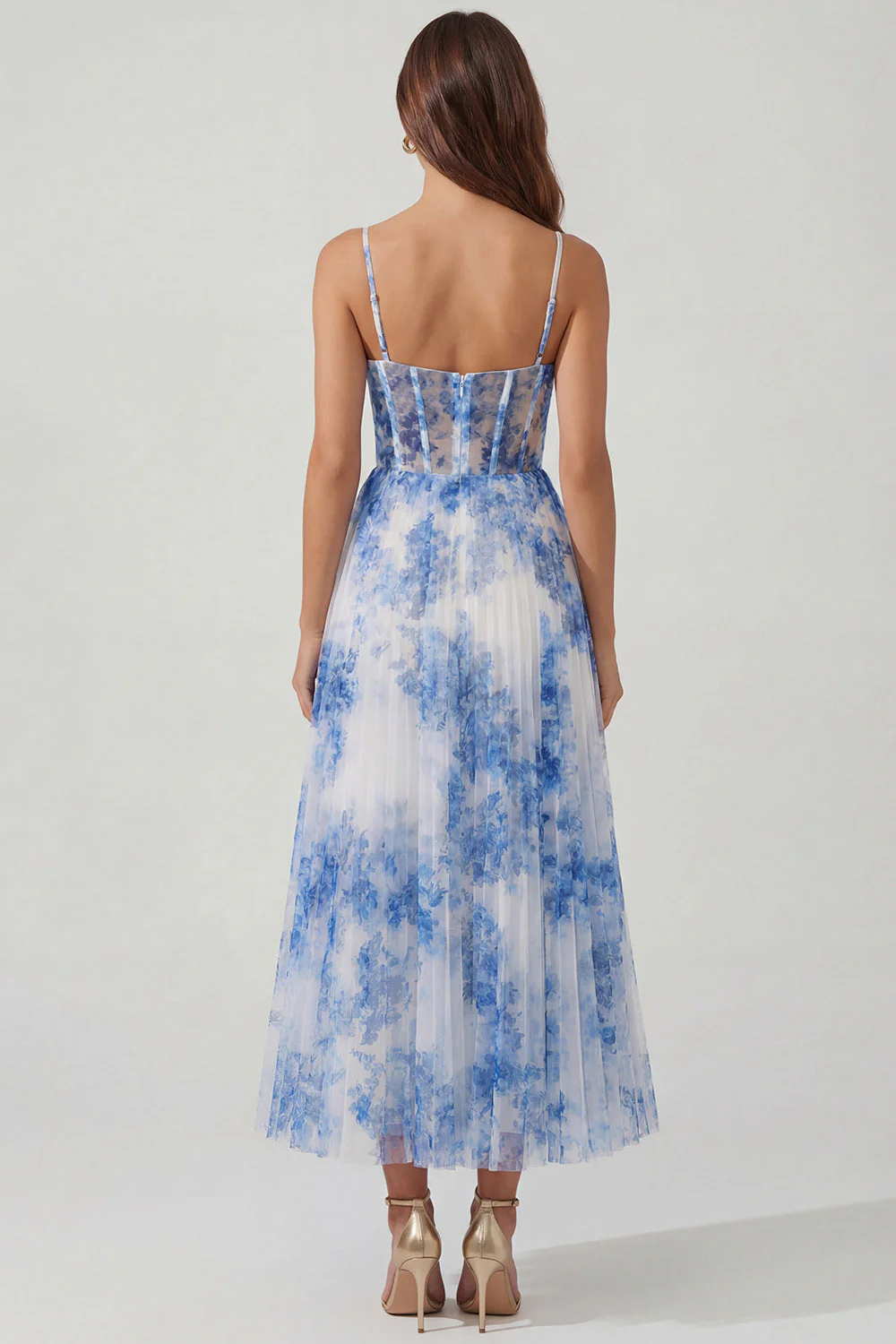 Corset A-Line en tulle fleur bleu blanc robe midi bretelles fines - Image 2