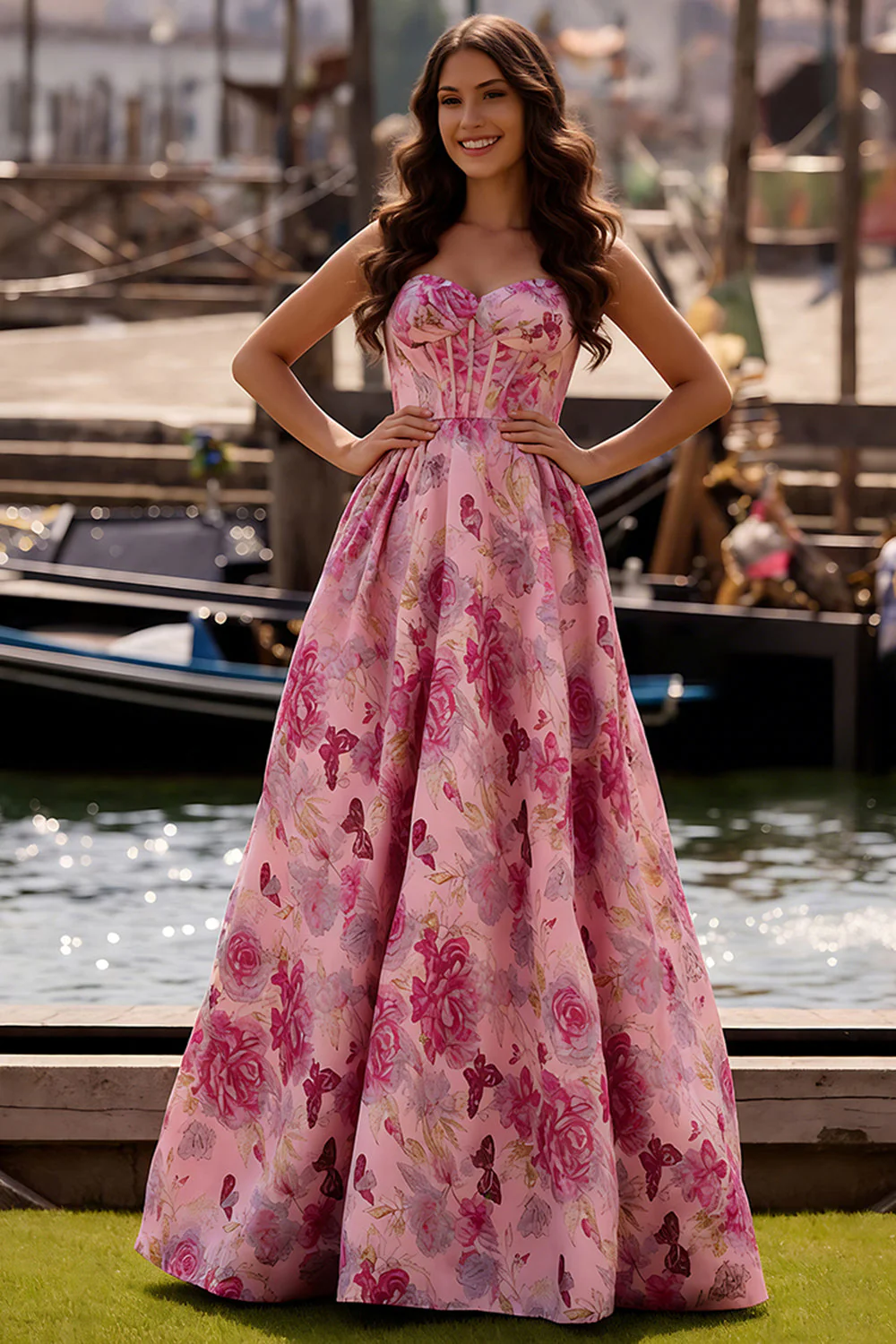 Corset A-Line Fuchsia sans bustiers Satin fleuri longue robe de bal