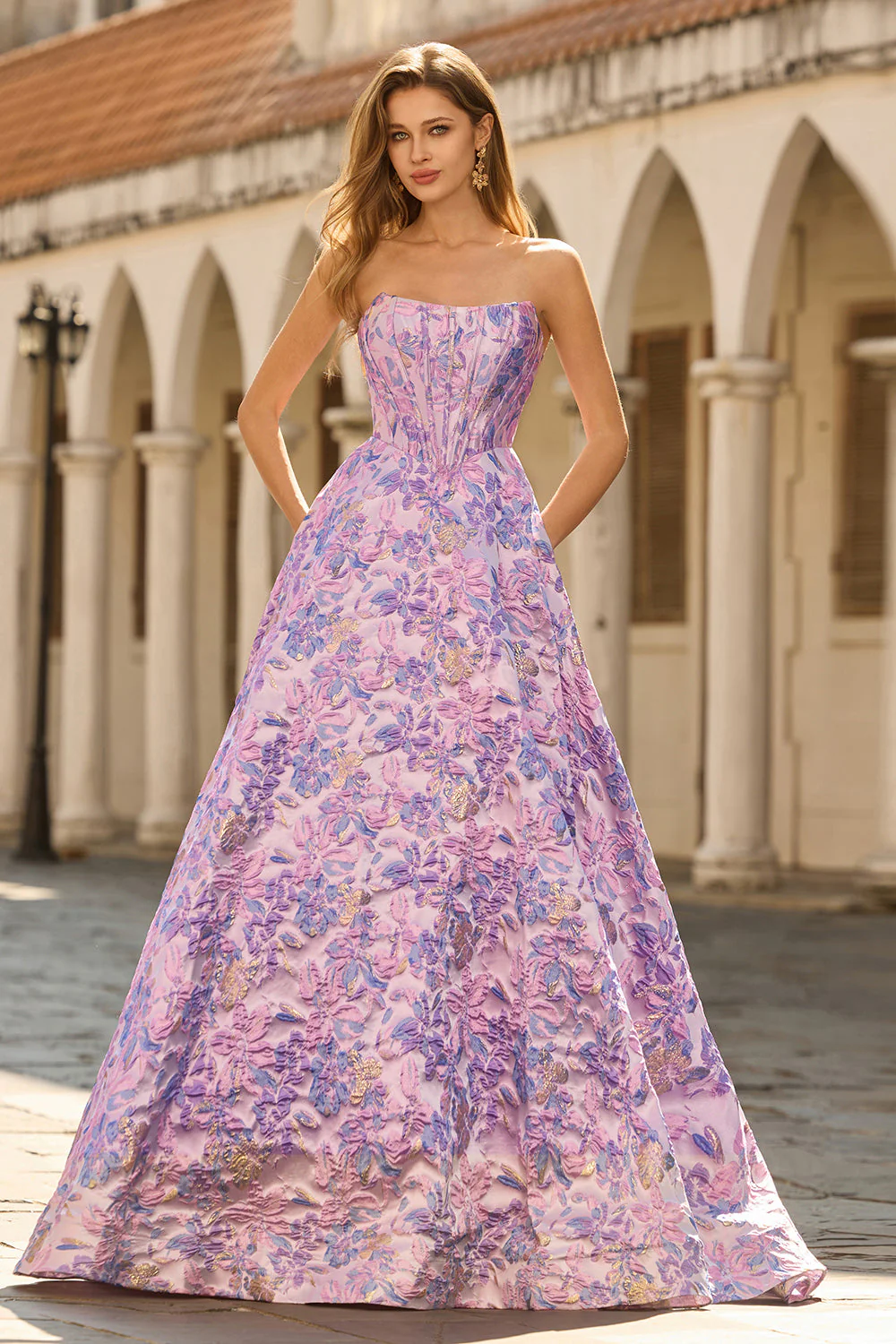 Corset A-Line Jacquard bretelles lilas Brocart longue robe de bal - Image 3