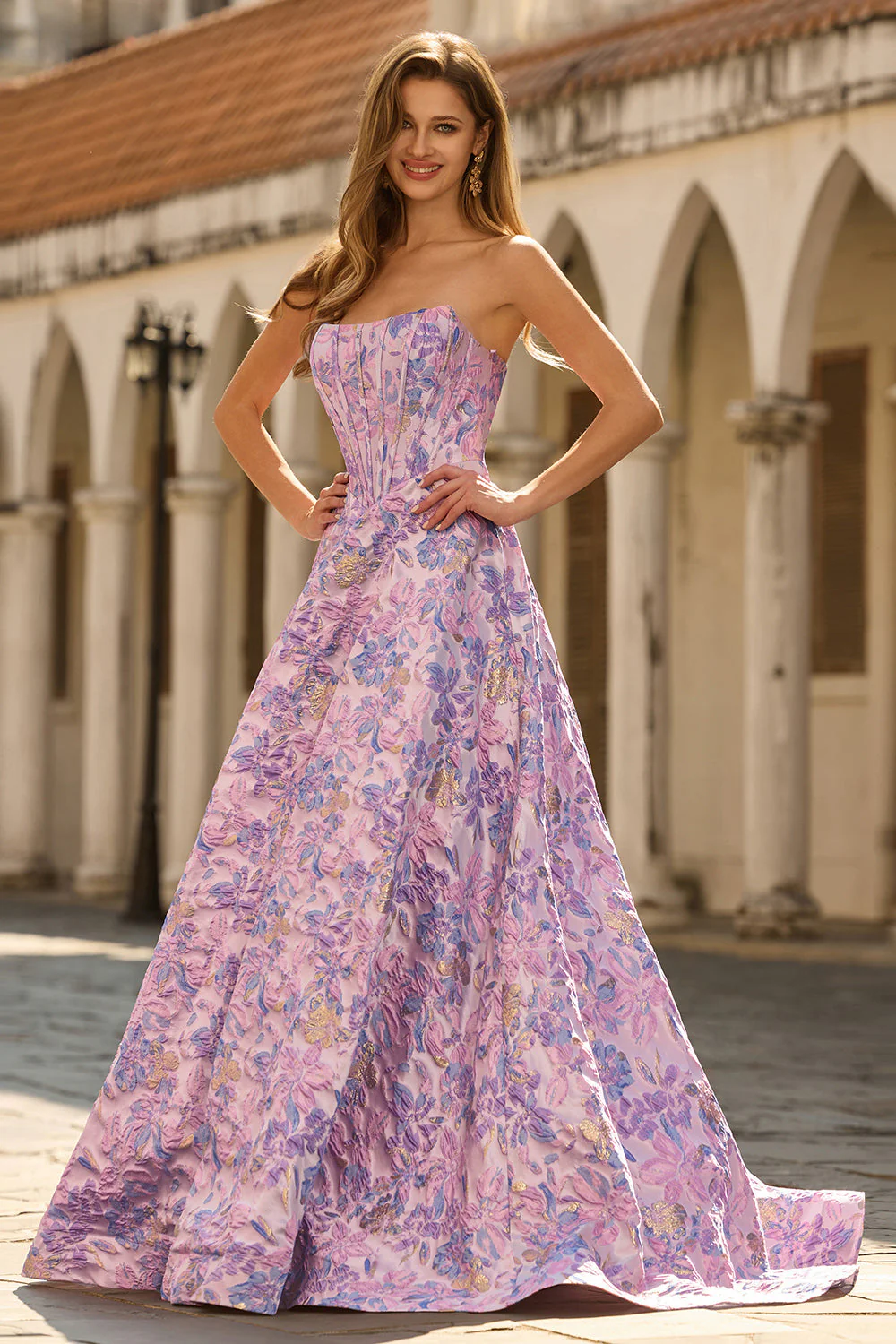 Corset A-Line Jacquard bretelles lilas Brocart longue robe de bal - Image 4