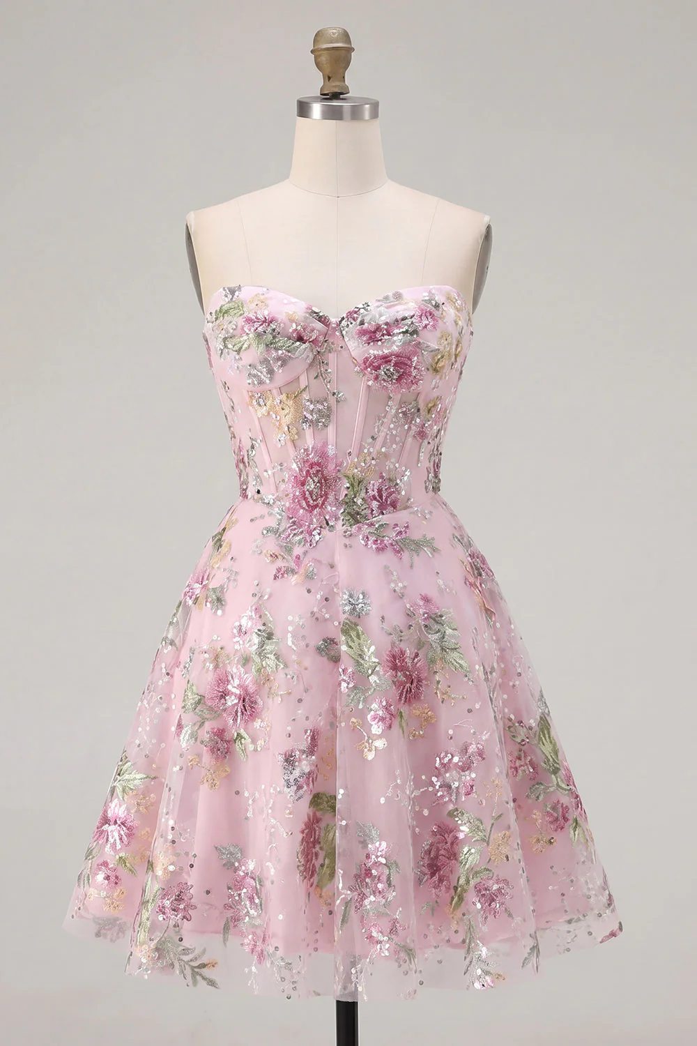 Corset A-Line Pink Sweetheart Sequins Robe florale de la rentrée