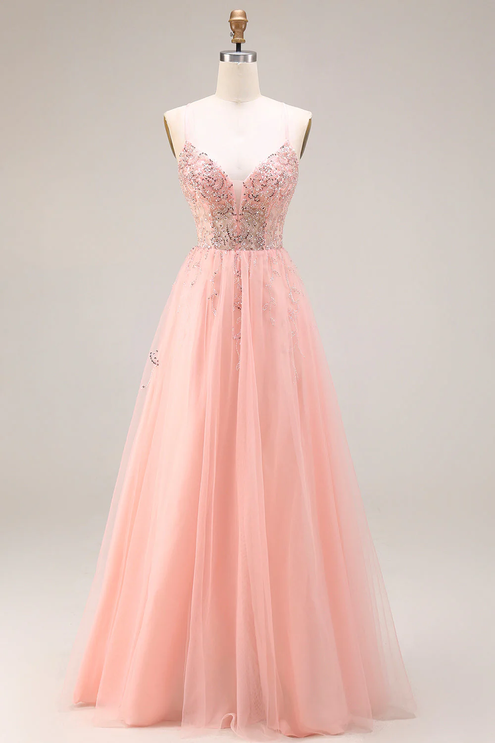 Corset à ongles appliquées de pastèque Straps fines Une robe de bal en tulle long en ligne