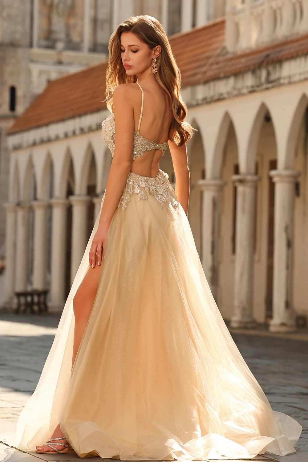 Corset à perles et paillette, robe de bal longue en tulle à perles à perles et pêche avec fente - Image 2