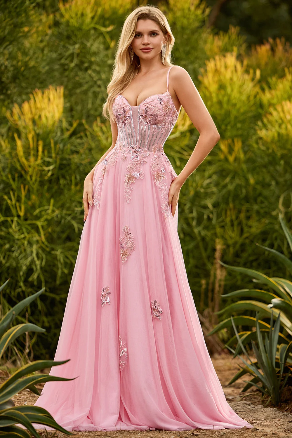Corset à perles roses A Line Robe de bal longue robe de bal avec dentelle dans le dos - Image 3