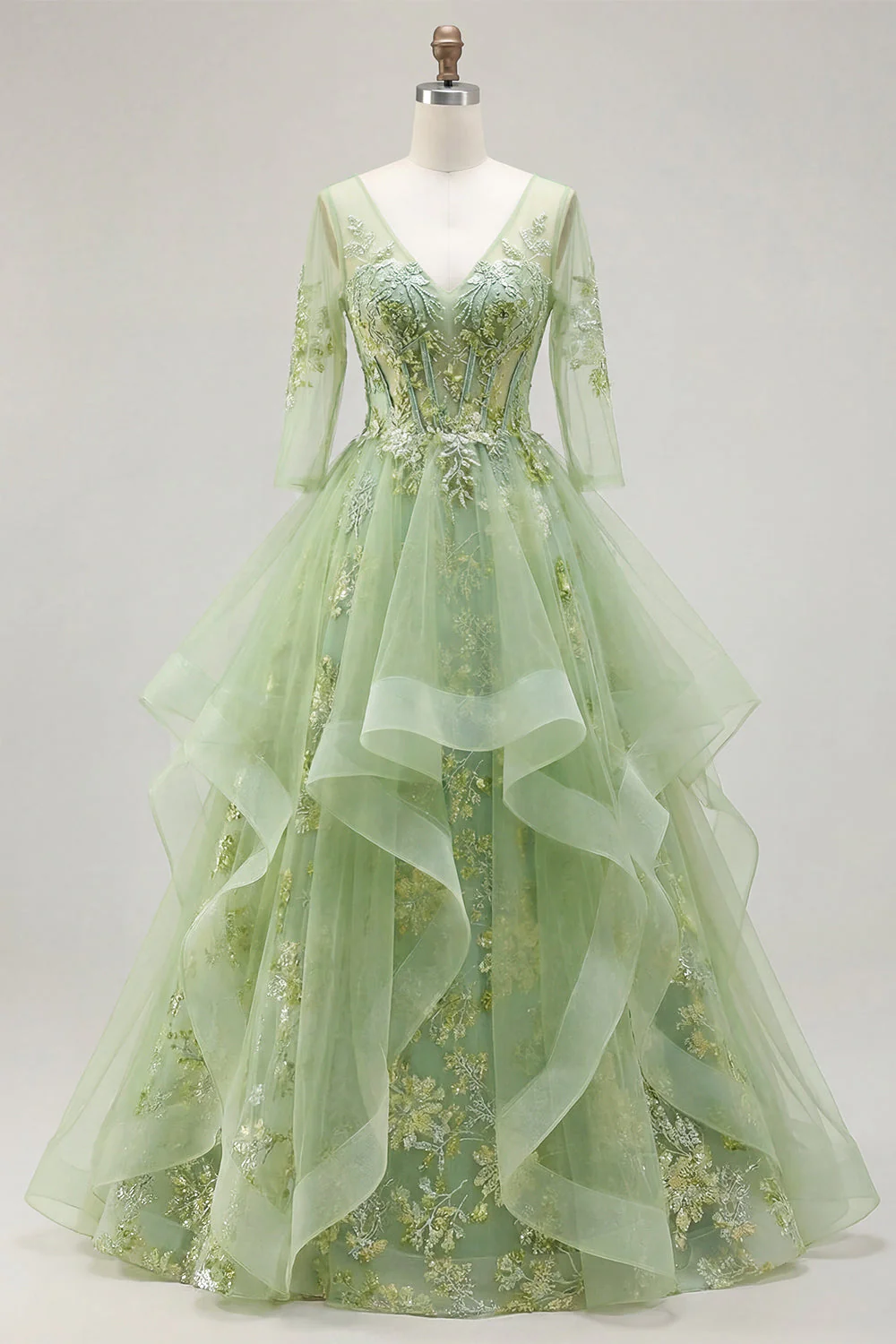 Corset A vert à col en V appliqué et longue robe de bal avec volants