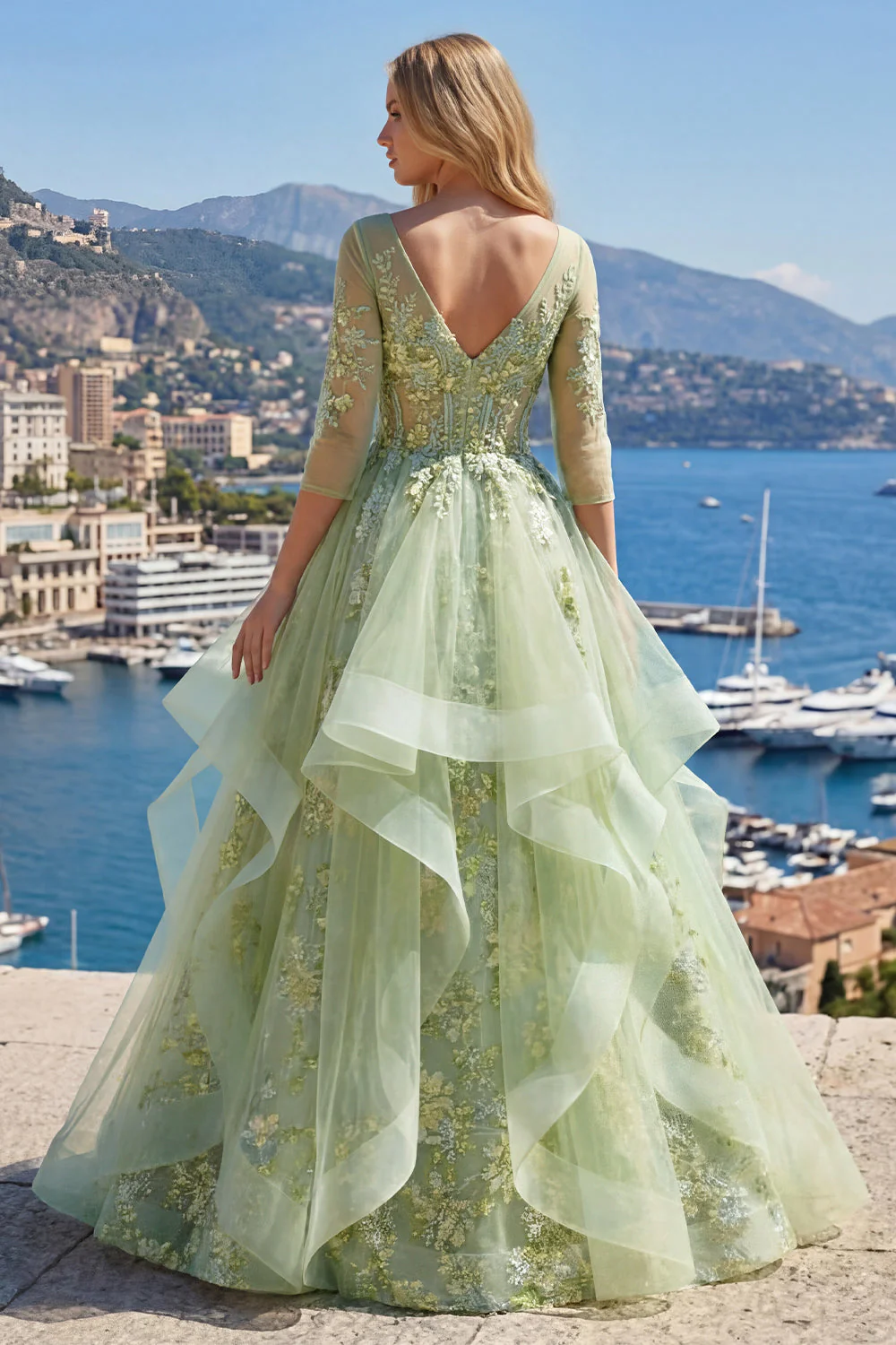 Corset A vert à col en V appliqué et longue robe de bal avec volants - Image 4