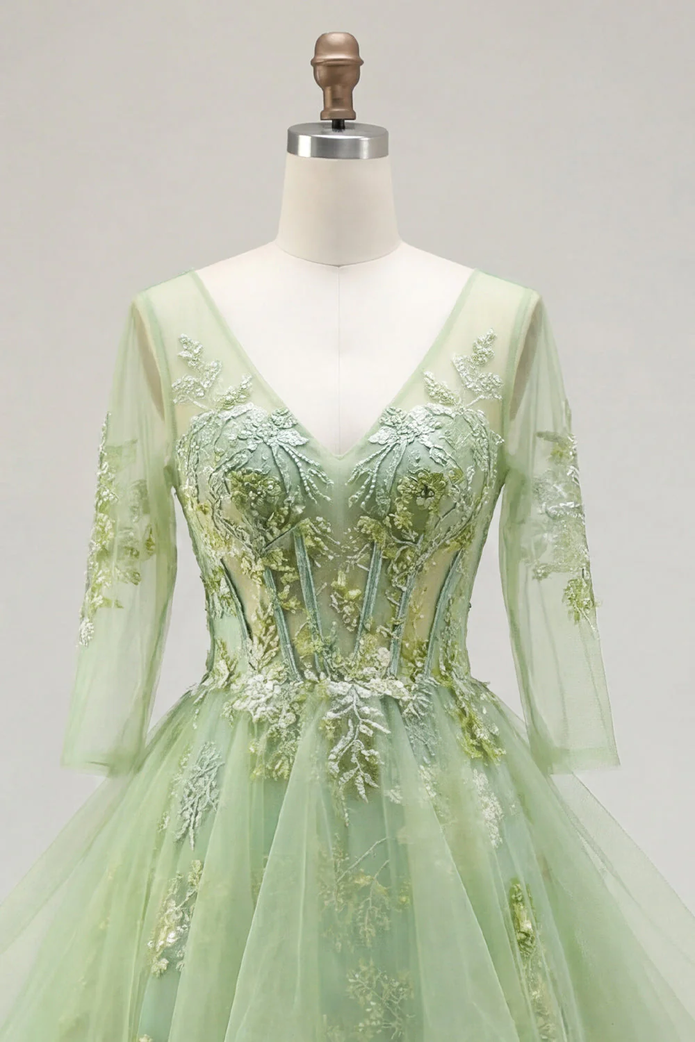 Corset A vert à col en V appliqué et longue robe de bal avec volants - Image 5