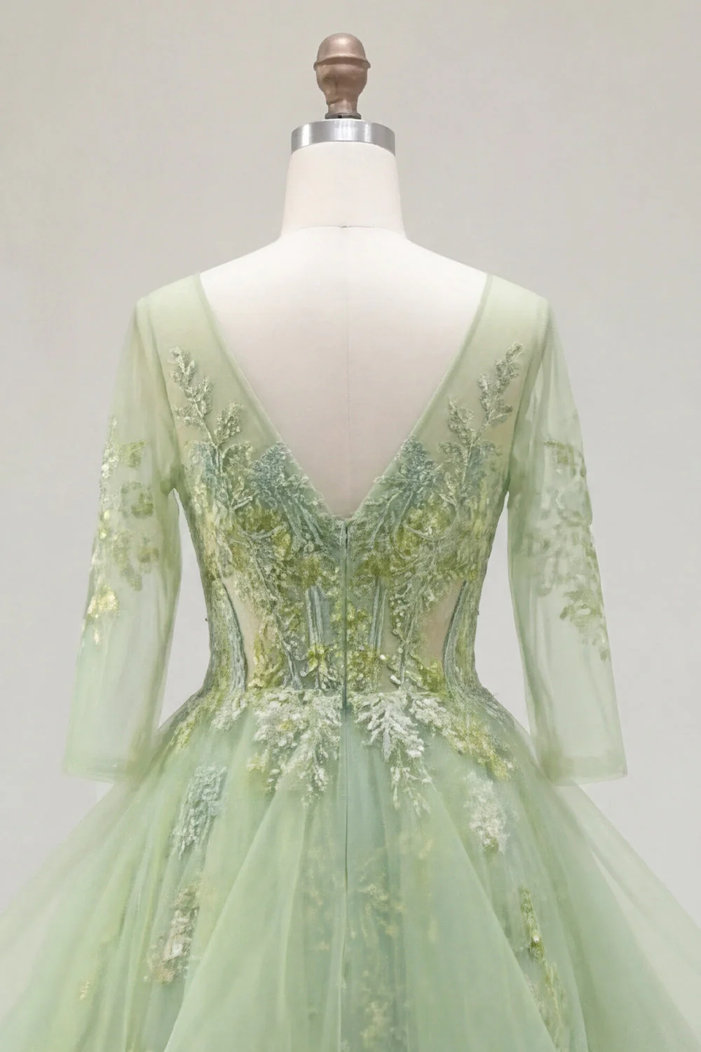 Corset A vert à col en V appliqué et longue robe de bal avec volants - Image 6