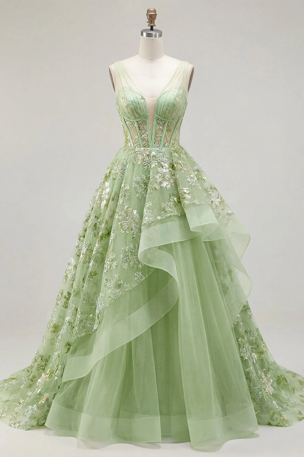 Corset A vert à col en V appliqué et longue robe de bal avec volants