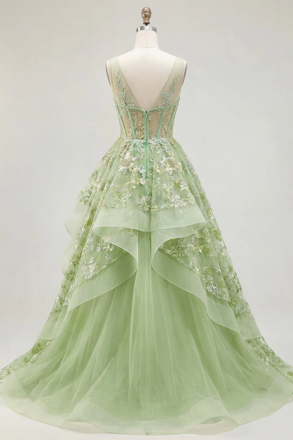 Corset A vert à col en V appliqué et longue robe de bal avec volants - Image 2
