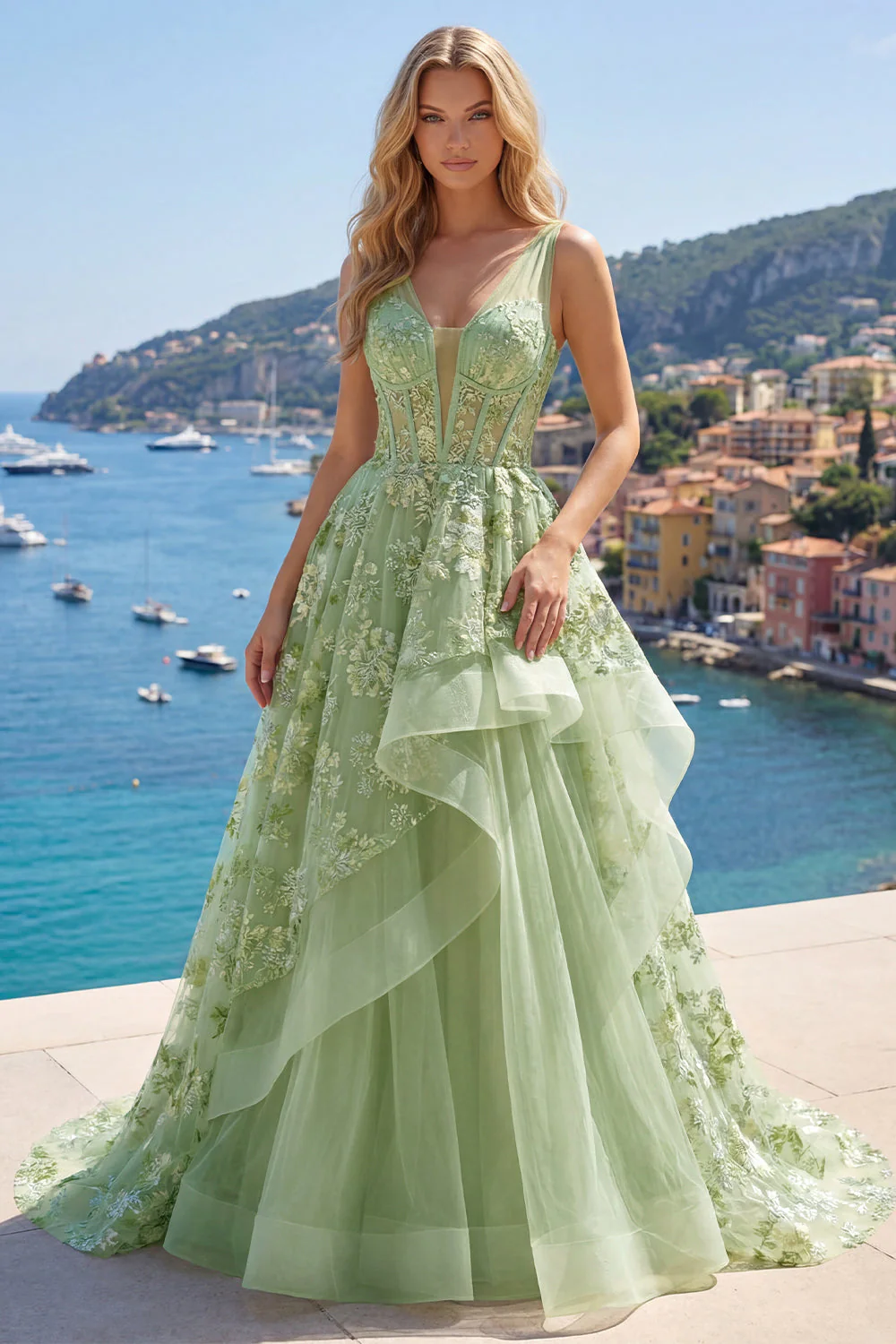 Corset A vert à col en V appliqué et longue robe de bal avec volants - Image 3