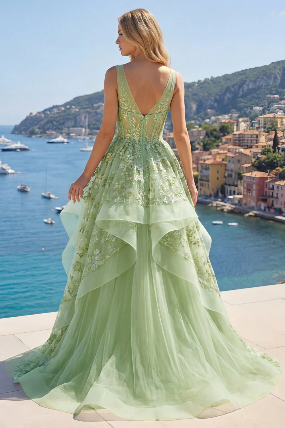 Corset A vert à col en V appliqué et longue robe de bal avec volants - Image 4