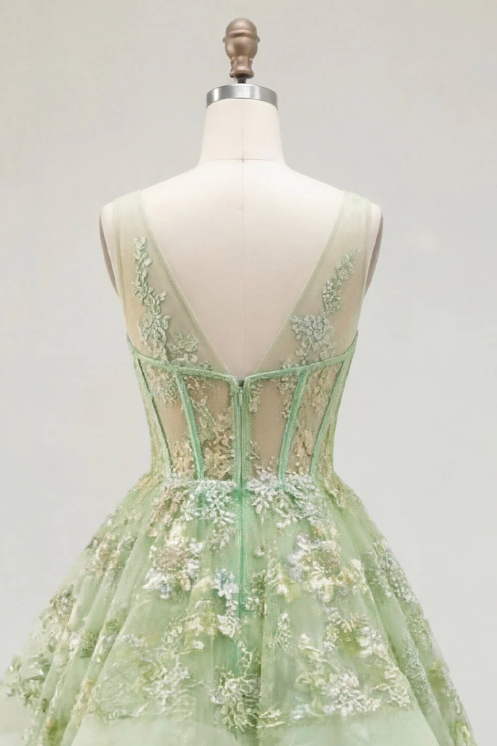 Corset A vert à col en V appliqué et longue robe de bal avec volants - Image 6