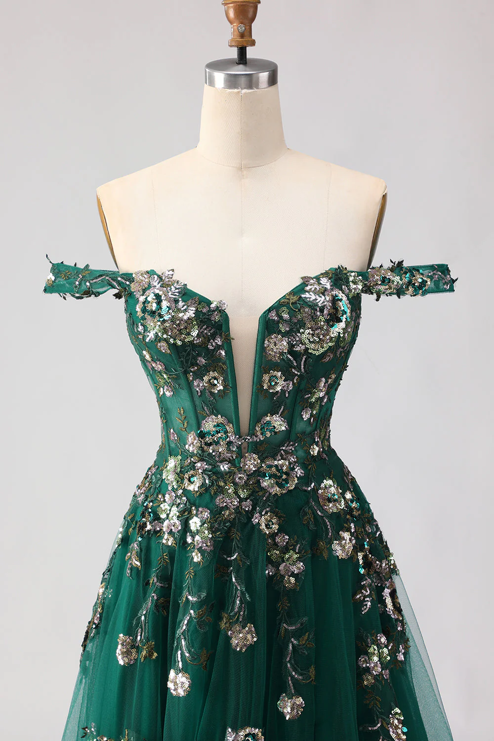 Robe de soirée longue vert foncé à épaules dénudées corset appliqué pailleté - Image 6