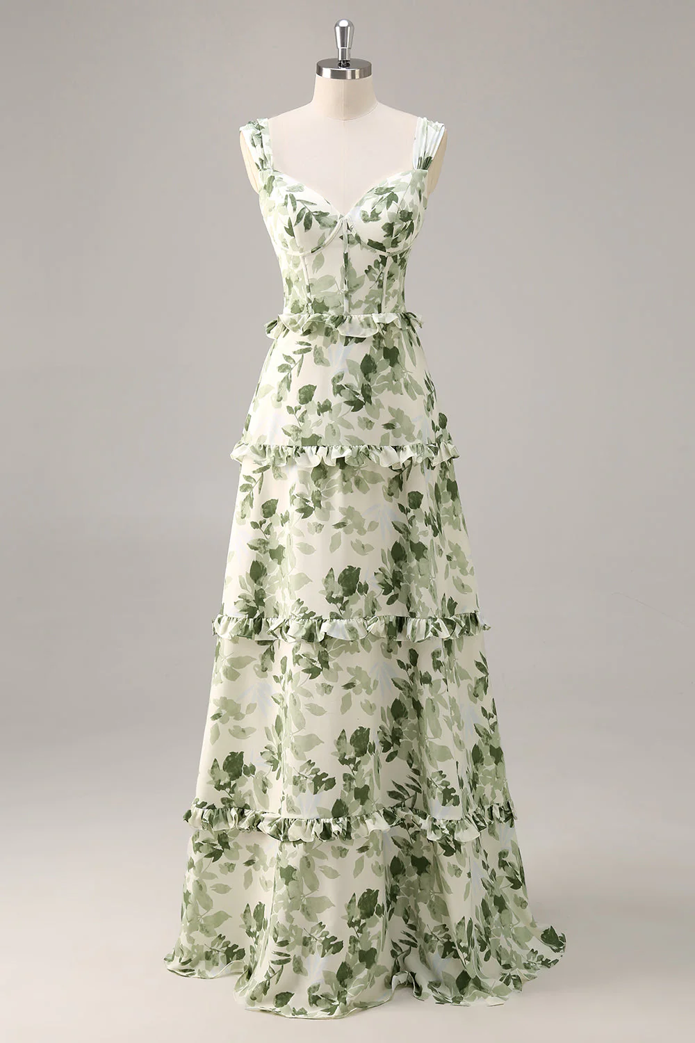 Robe de demoiselle d'honneur longue verte bustier floral à volants - Image 3