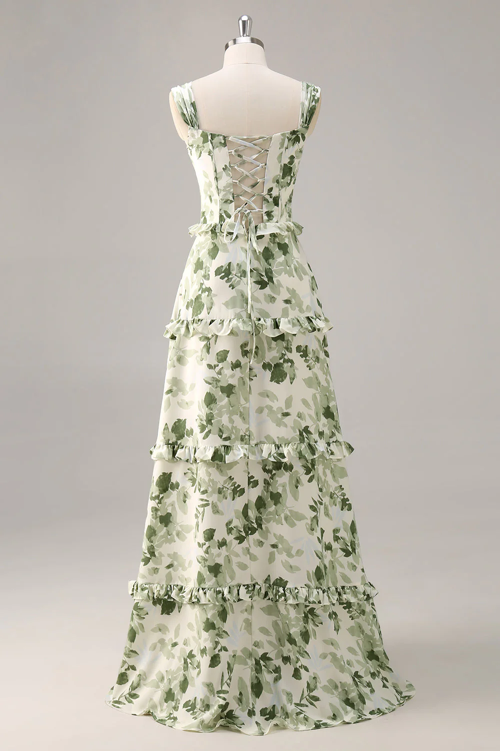 Robe de demoiselle d'honneur longue verte bustier floral à volants - Image 4