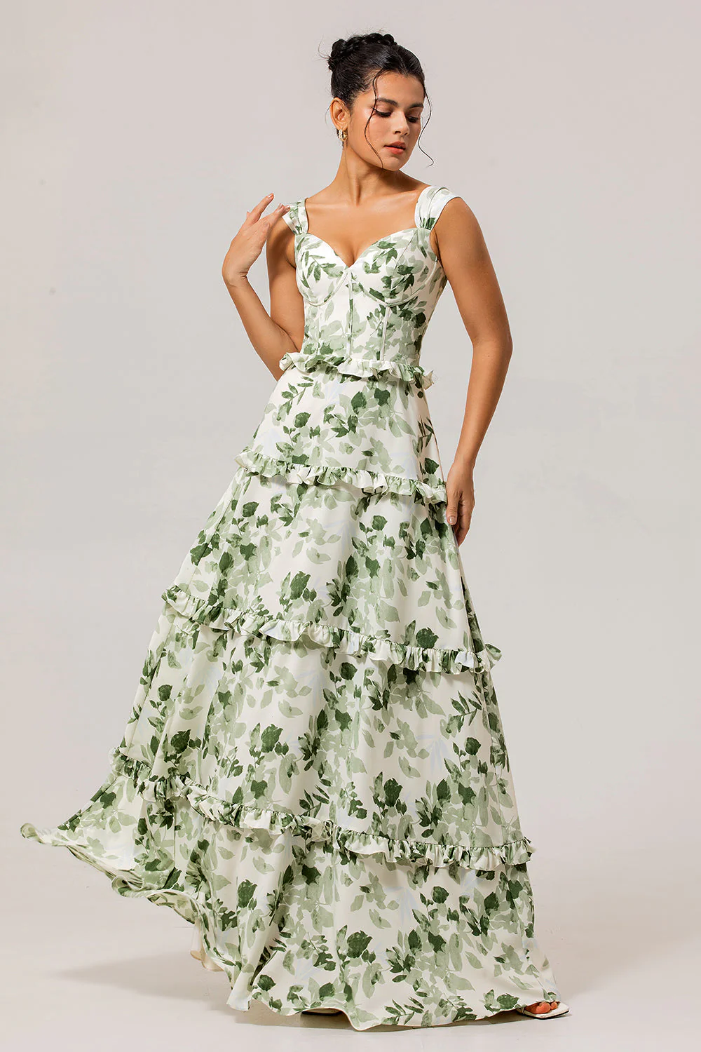 Robe de demoiselle d'honneur longue verte bustier floral à volants - Image 5