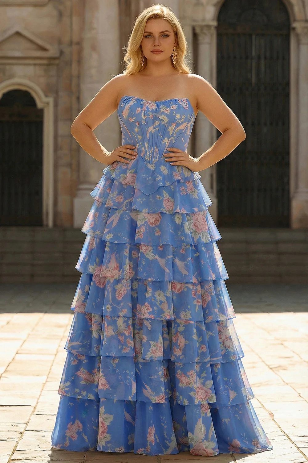 Corset Aline bretelé bleu foncé en chiffon floral robe longue grande taille avec volants