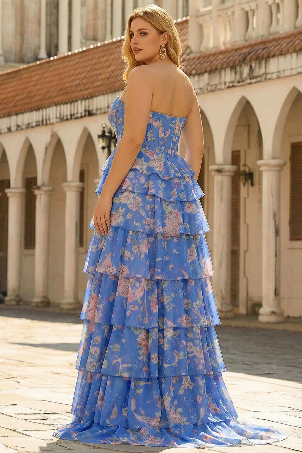 Corset Aline bretelé bleu foncé en chiffon floral robe longue grande taille avec volants - Image 2