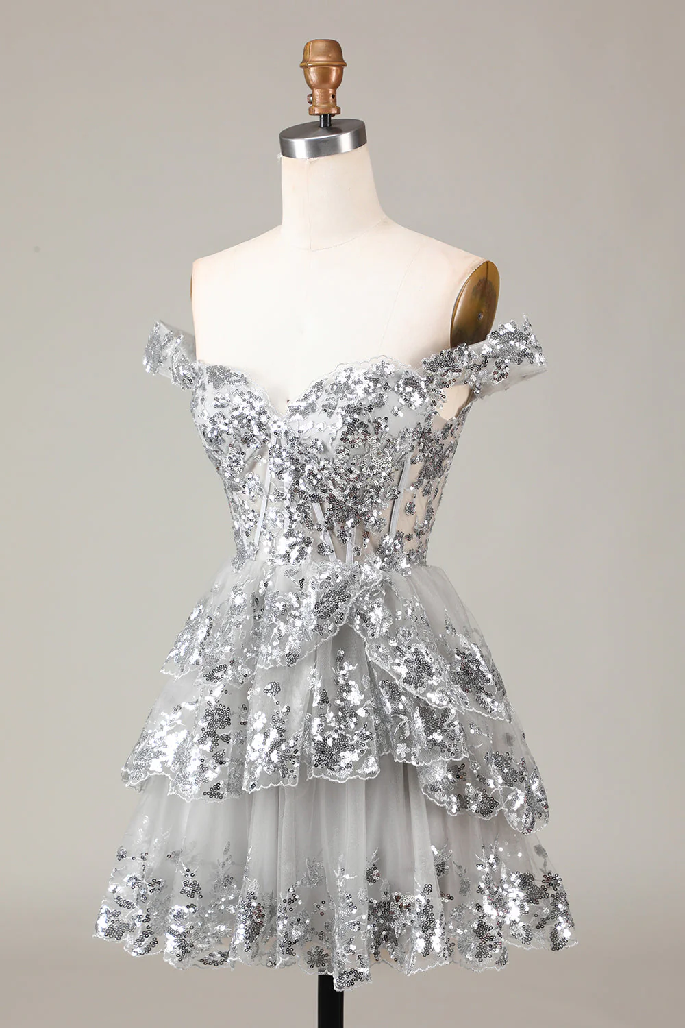 Corset Argent étincelant Dentelle à plusieurs niveaux A-Line Robe courte Cocktail - Image 3