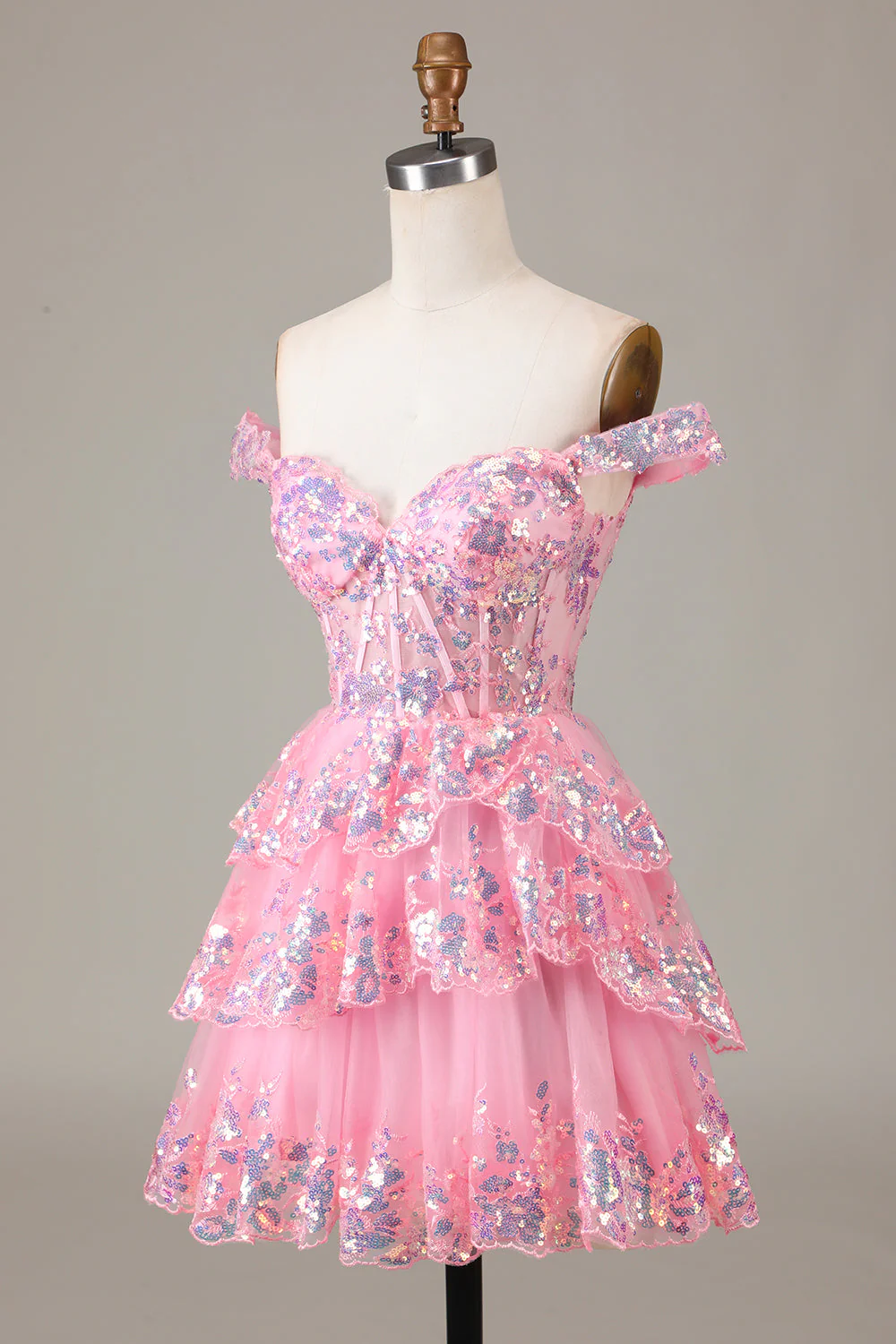 Corset Argent étincelant Dentelle à plusieurs niveaux A-Line Robe courte Cocktail - Image 6