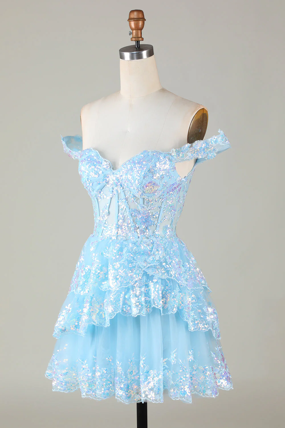 Corset Argent étincelant Dentelle à plusieurs niveaux A-Line Robe courte Cocktail - Image 9