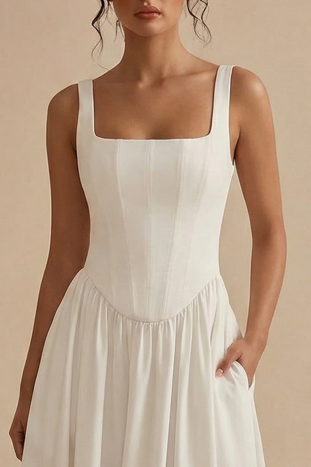 Corset blanc à col carré ligne A longue robe de répétition avec poches - Image 3