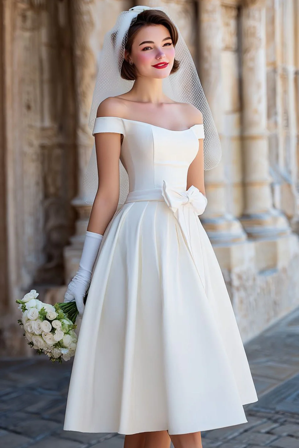 Corset blanc épaule dénudée Une robe de mariée Midi Line avec nœuds - Image 3