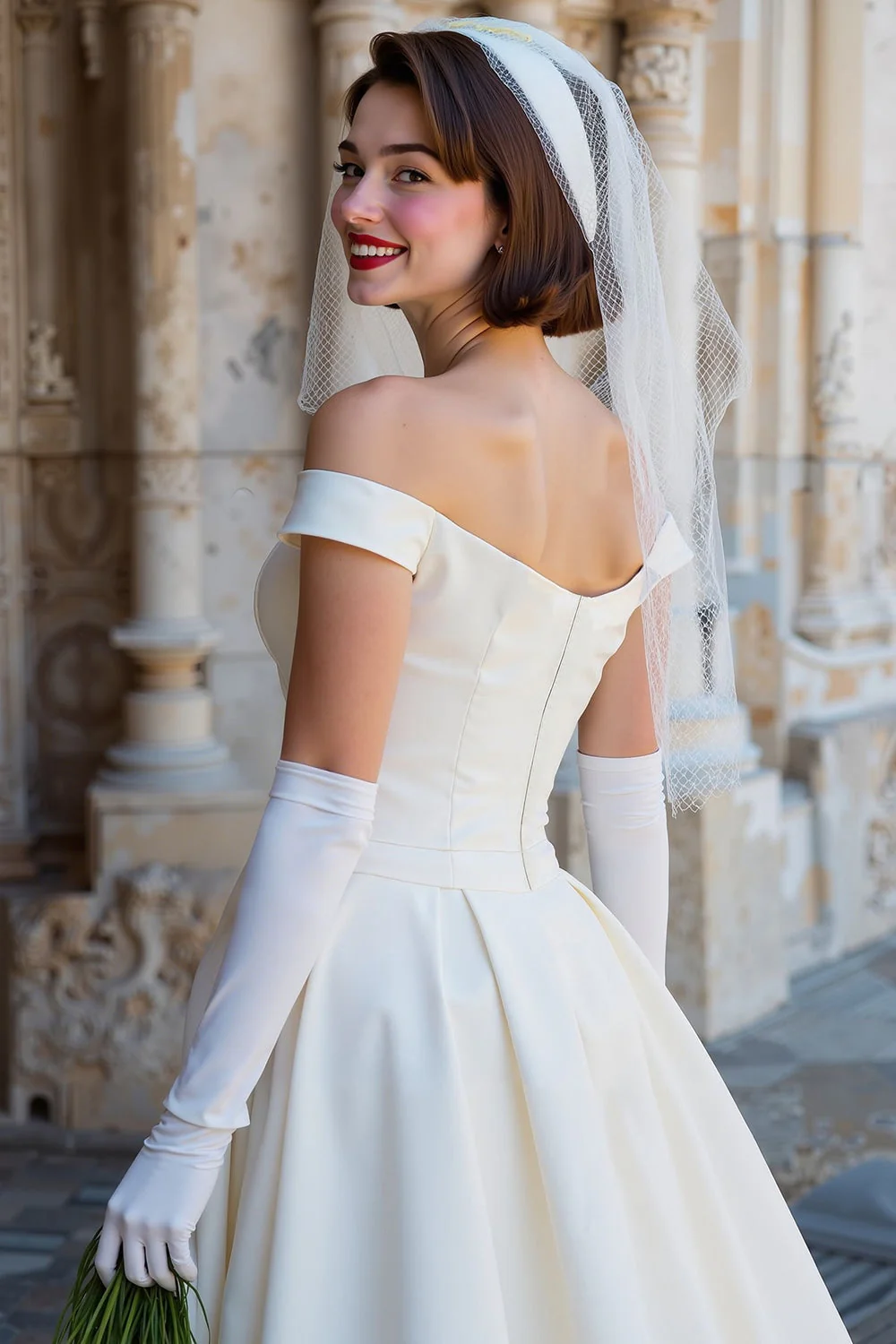 Corset blanc épaule dénudée Une robe de mariée Midi Line avec nœuds - Image 4
