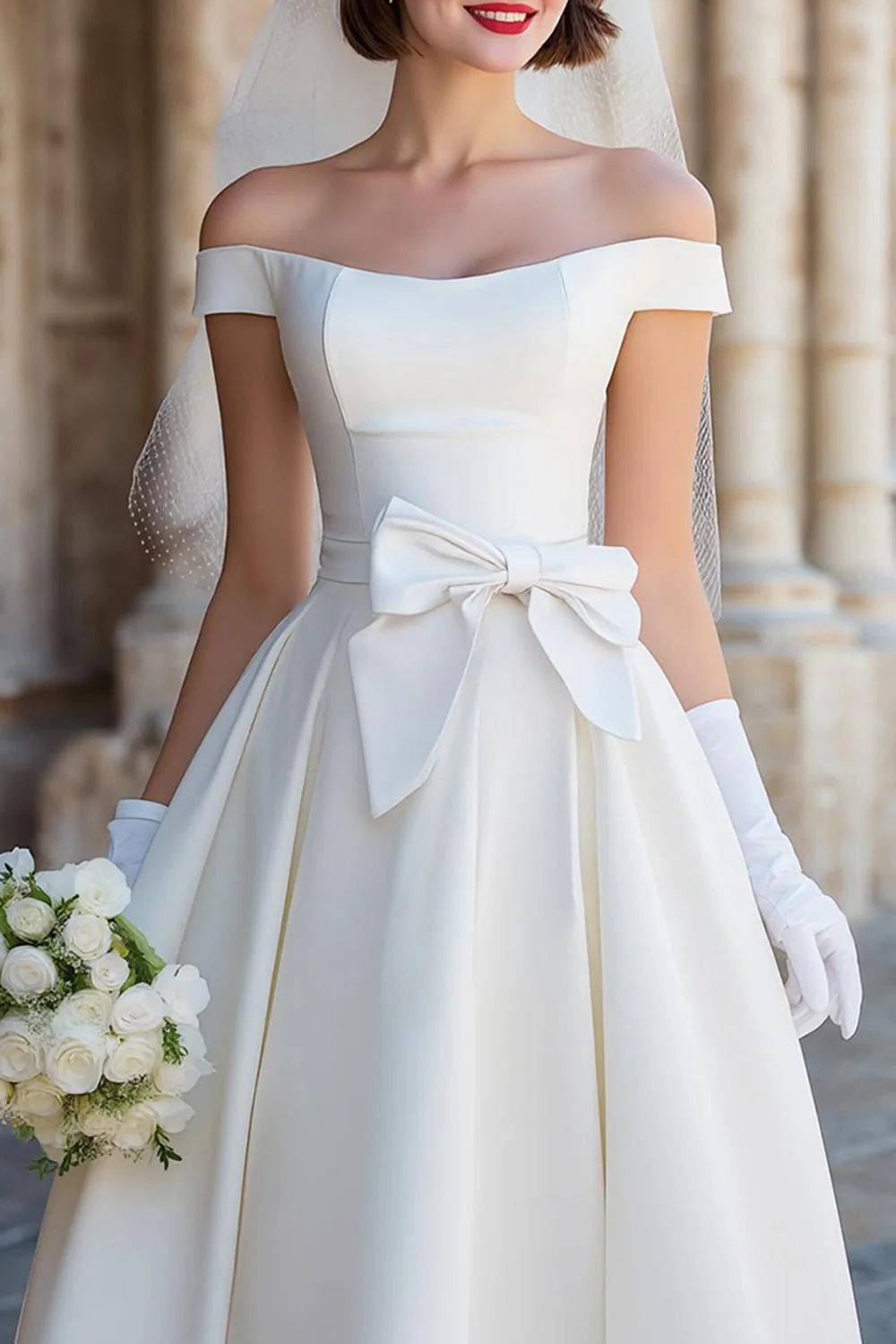 Corset blanc épaule dénudée Une robe de mariée Midi Line avec nœuds - Image 5