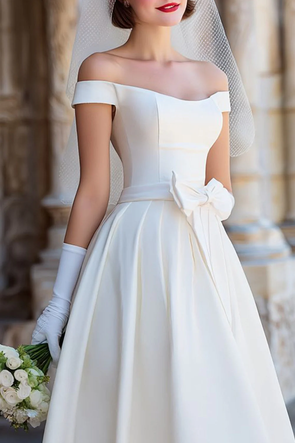 Corset blanc épaule dénudée Une robe de mariée Midi Line avec nœuds - Image 7