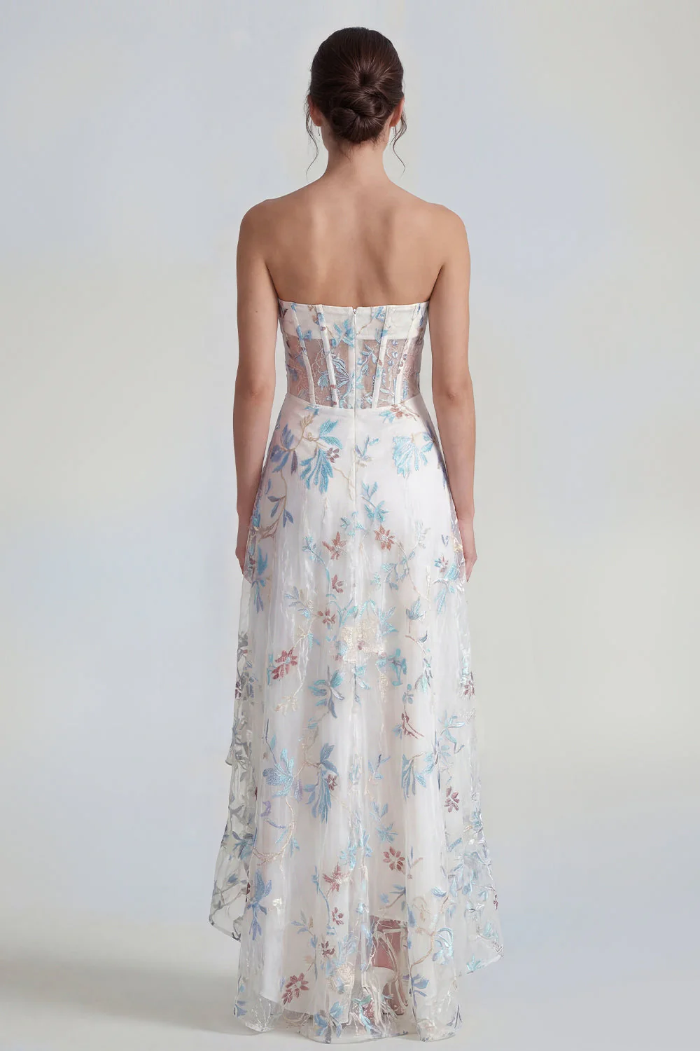 Corset blanc sans bretelles A-Line longue robe multi-fleurs avec fente à volants - Image 2