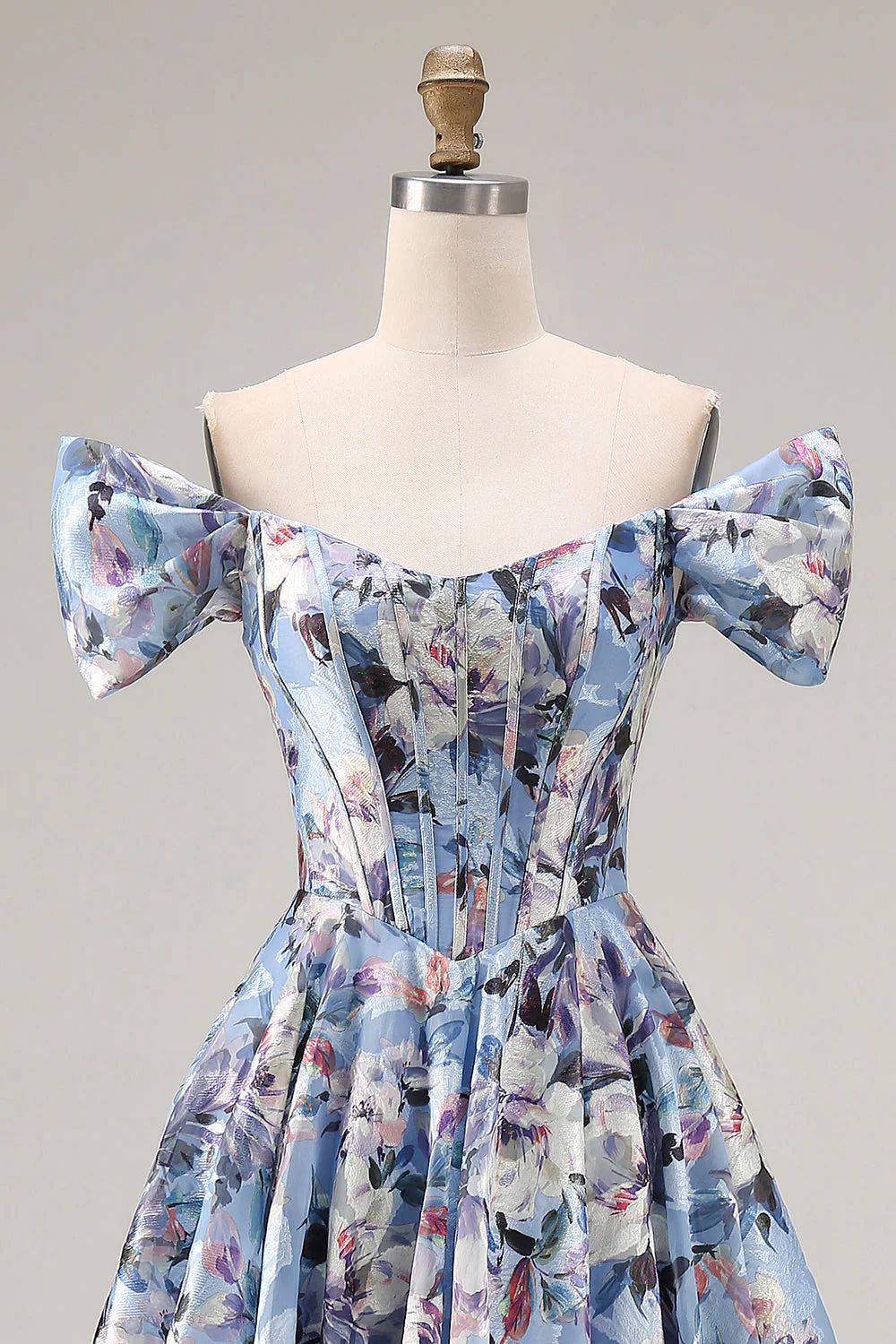 Corset bleu à épaules décollées Corset floral long robe de bal avec fente - Image 4
