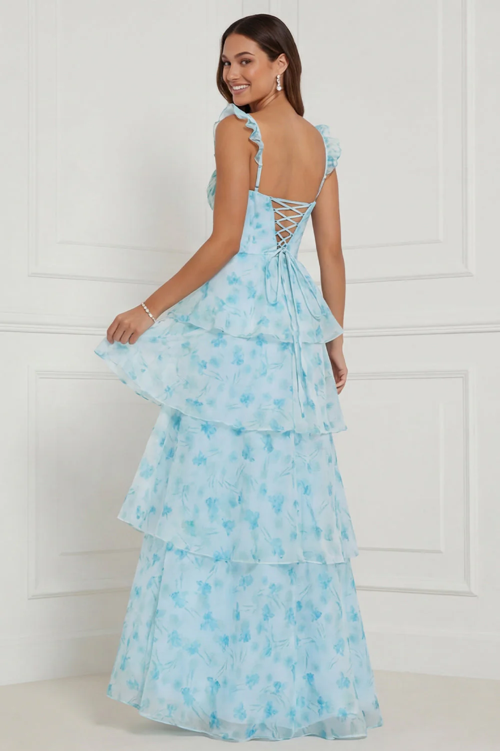 Corset bleu à volants A Line, longue robe fleurie avec fente - Image 2