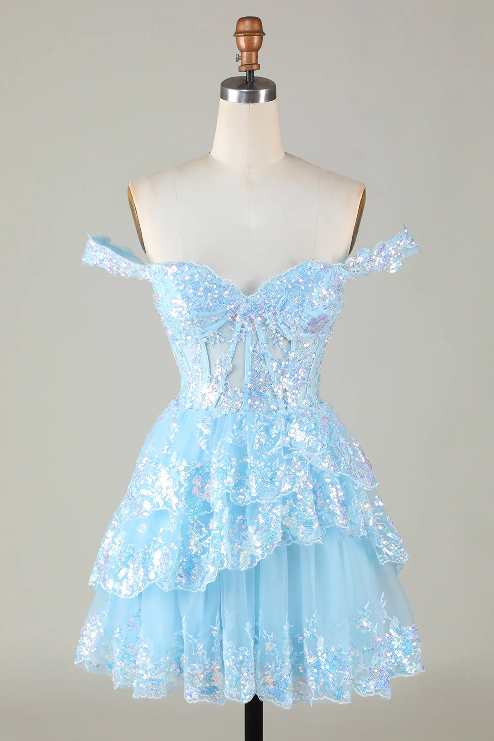 Corset bleu étincelant Dentelle à plusieurs niveaux A-Line Robe courte Cocktail