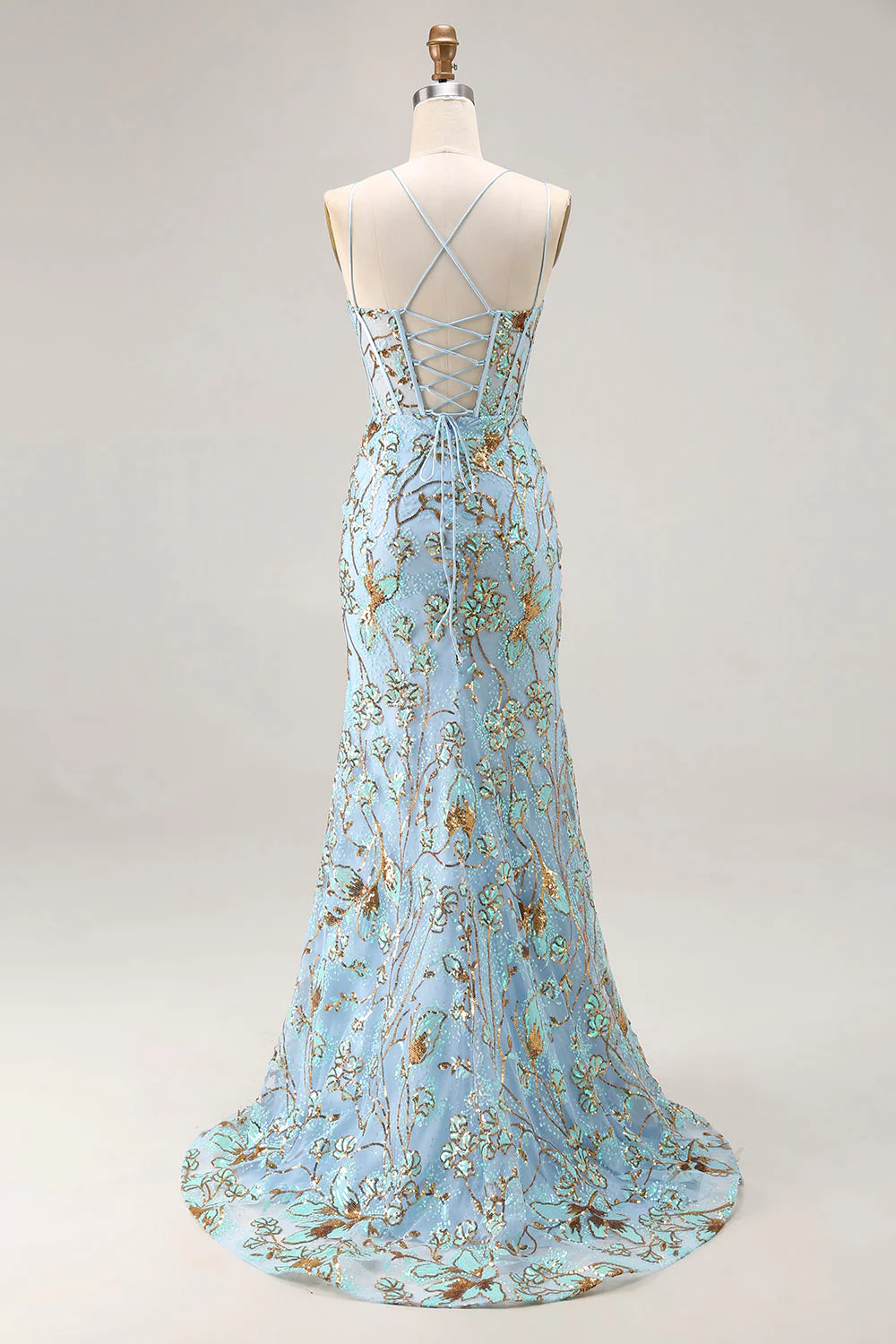 Robe de soirée sirène bleu lake corset dentelle dos paillettes avec fente - Image 8