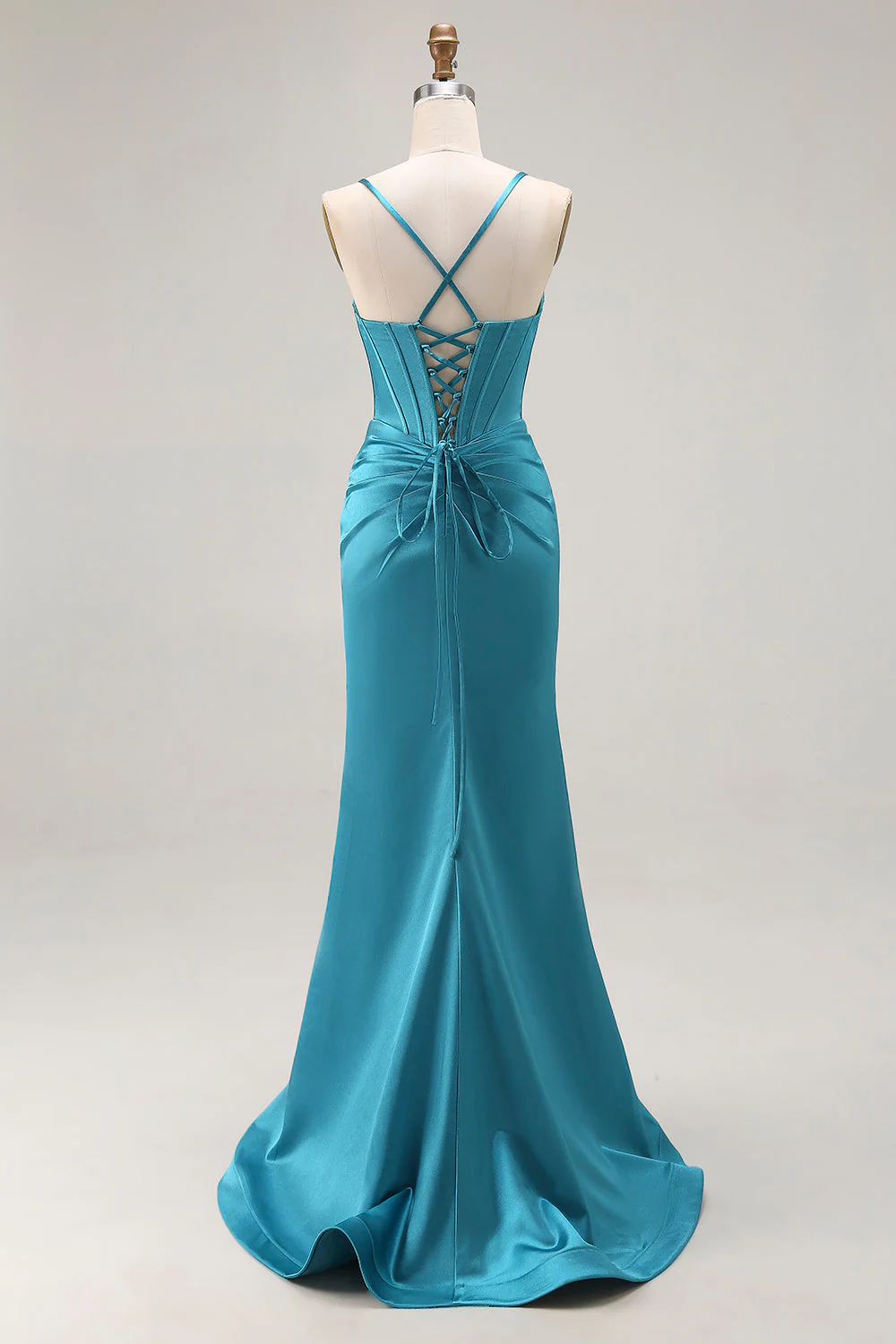 Robe de soirée sirène bleu paon en satin corset découpé avec fente - Image 2