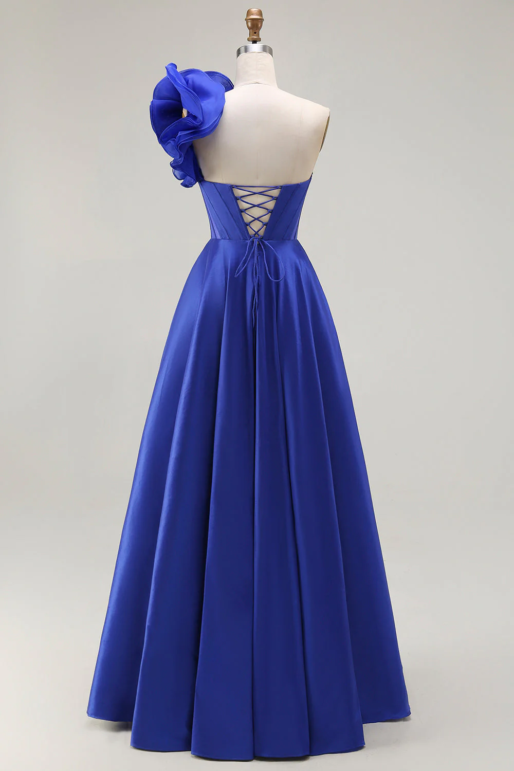 Corset bleu royal à une épaule Une ligne en satin longue Robe De Soirée avec fente - Image 2