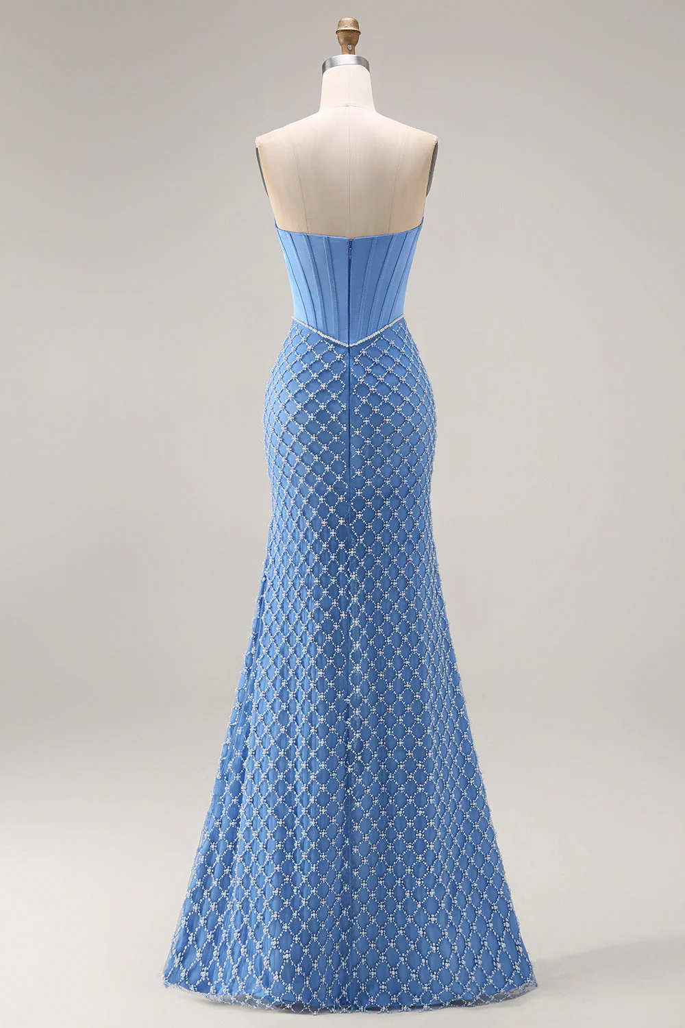 Corset bleu sans anneaux perlés de perles sirène longue robe de bal avec fente - Image 2