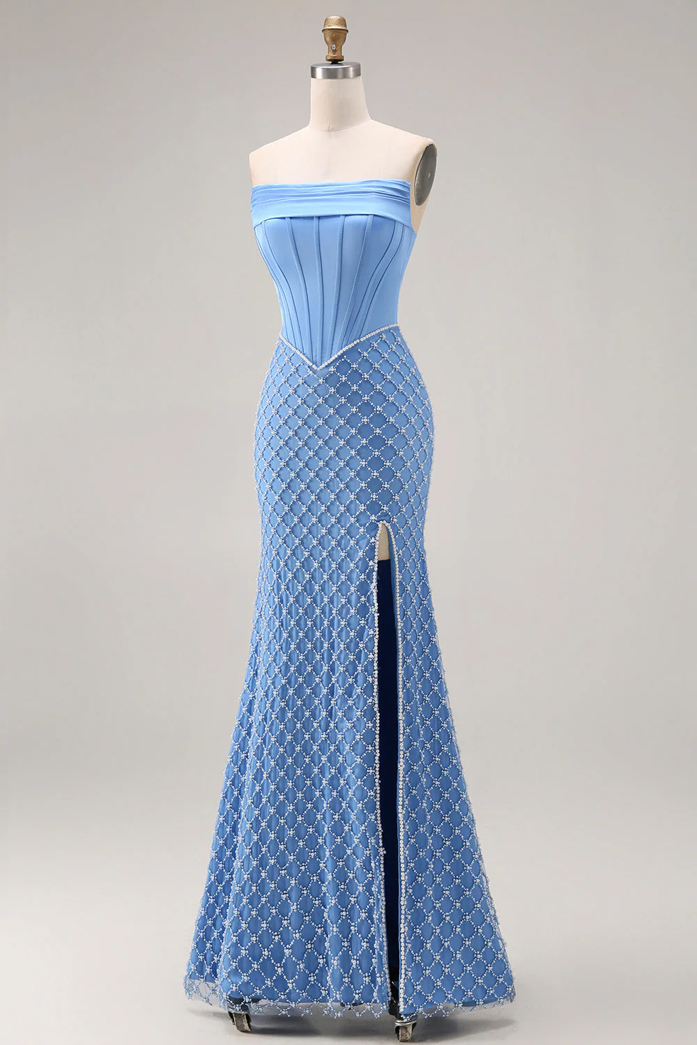 Corset bleu sans anneaux perlés de perles sirène longue robe de bal avec fente - Image 3