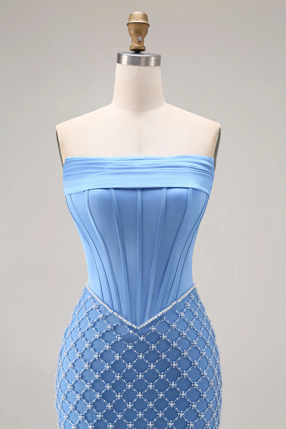 Corset bleu sans anneaux perlés de perles sirène longue robe de bal avec fente - Image 4