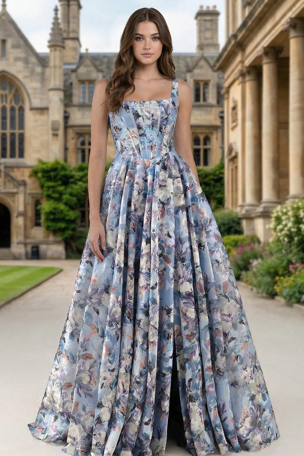 Corset bleu Une robe longue à fleurs à col carré imprimée en ligne avec fente