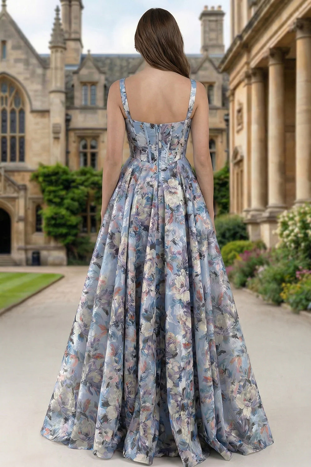 Corset bleu Une robe longue à fleurs à col carré imprimée en ligne avec fente - Image 2