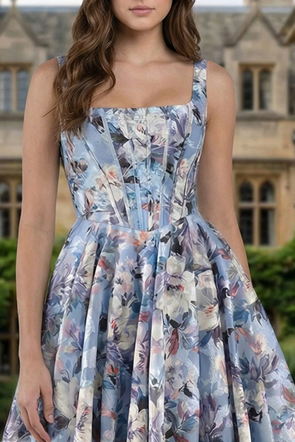 Corset bleu Une robe longue à fleurs à col carré imprimée en ligne avec fente - Image 3